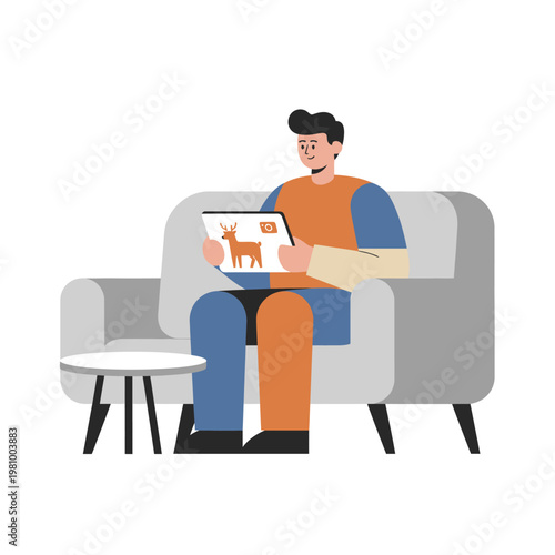 Man Sitting on Couch Using Laptop.