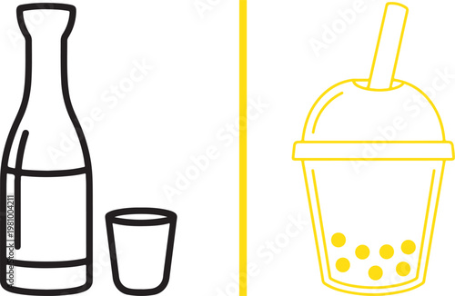 Minimalist vector icons of traditional sake bottle with glass and modern bubble tea cup for menu design