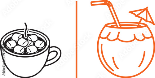 Minimalist vector line art icons of hot cocoa with marshmallows and tropical coconut cocktail for seasonal contrast