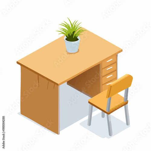 Isometric illustration of a desk and chair with a plant, representing a home office or study space