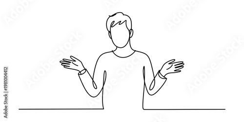 Continuous line drawing of a young man shrugging his shoulders with palms open