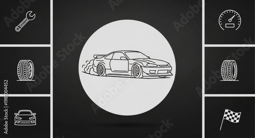 Sketch of a sports car with racing icons around it.