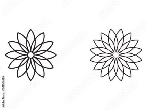Two flower designs with many petals and rounded tips  simple line art style  no colors used  for graphic design and decoration