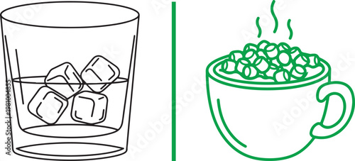 Hot and cold drink comparison vector illustration with iced glass and steaming mug of hot chocolate with marshmallows
