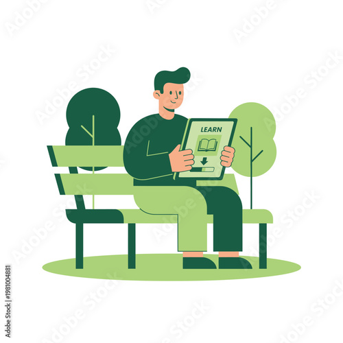 Man Sitting on Park Bench Reading Laptop.