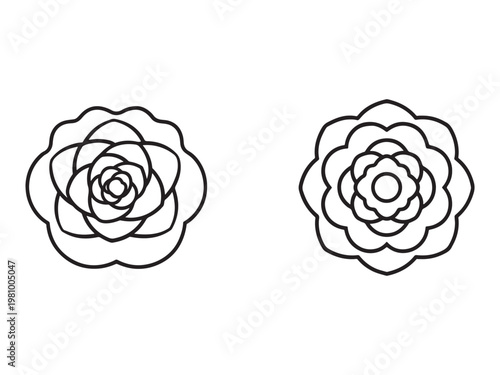 Two identical black line art rose flowers in full bloom with multiple petals isolated on white background