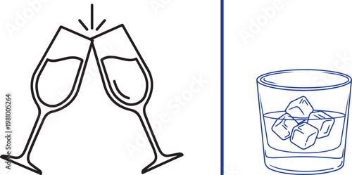 Minimalist line art vector illustration of clinking champagne flutes and a whiskey glass with ice cubes for celebration