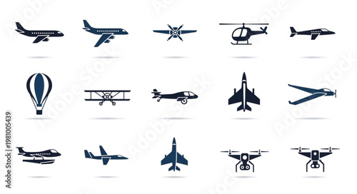 Collection of various aircraft and aerial vehicles icons.