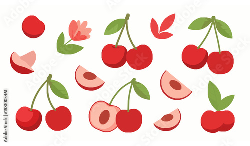 Cute cherry fruit collection flat cartoon vector with red berries leaves halves and pits summer food