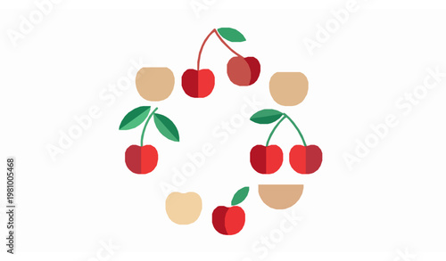 Cherry fruit circle composition flat vector red berries with leaves halves and seeds healthy food concept