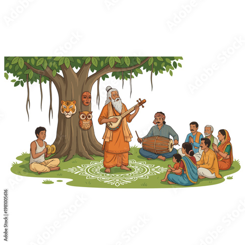 Baul singer performing folk music under a banyan tree with audience and musical instruments celebrating Pohela Boishakh and Bengali New Year traditional village gathering cultural illustration.