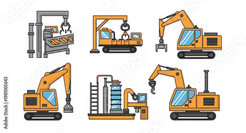 Collection of construction and industrial heavy machinery vehicles.