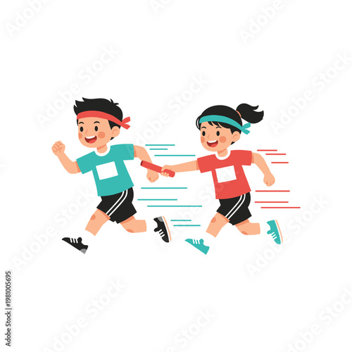 Cartoon kids running together holding hands children