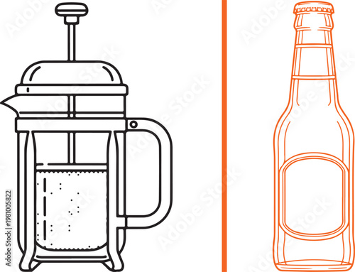 French press coffee maker and beer bottle line art vector illustration for cafe and bar menu design