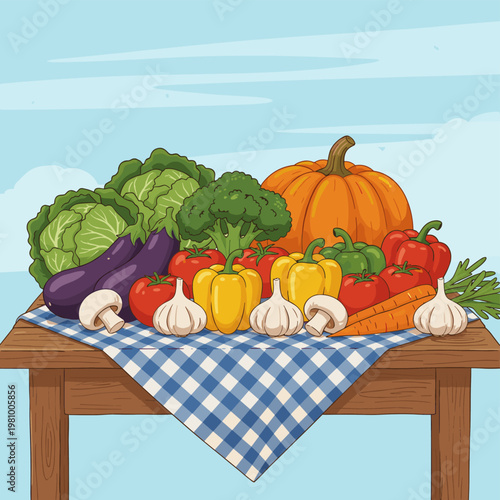 Colorful vegetables on wooden table with blue gingham cloth