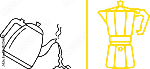 Minimalist vector line art illustration of an electric kettle pouring water and a moka pot espresso maker