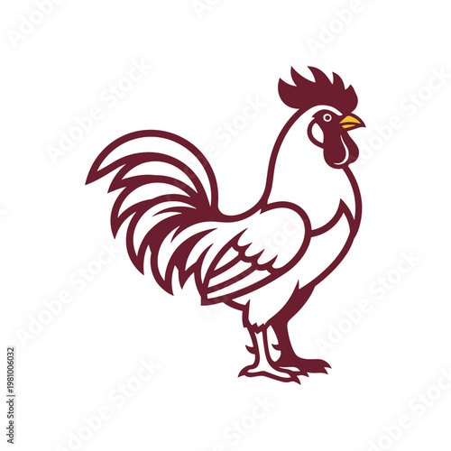 Maroon rooster with yellow beak white background bird