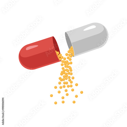 Open red and gray capsule with yellow pills spilling out
