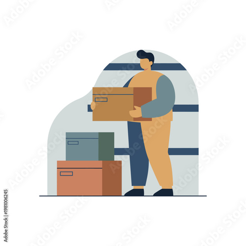 Worker carrying cardboard boxes in warehouse illustration.