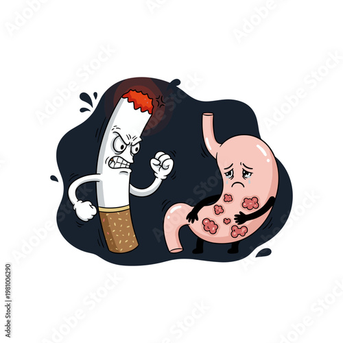 Cartoon cigarette fights stomach angry