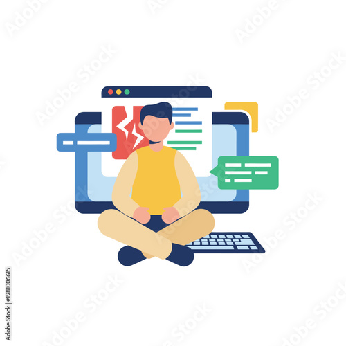 Young coder sits cross legged at laptop and screen.