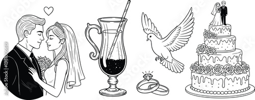 Wedding couple illustration, rings, cake, dove, bouquet, love celebration, marriage symbols, unity concept, cad drawing flat vector illustration