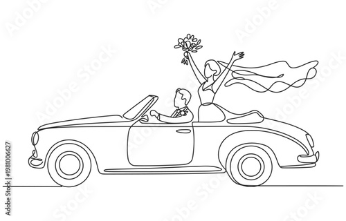 Newlywed couple in a convertible car bride holding a bouquet just married line art vehicle owner convertible celebration happiness transportation illustration minimalist silhouette