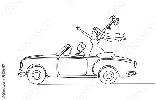Newlywed couple in a convertible car bride holding a bouquet just married line art vehicle owner convertible celebration happiness transportation illustration minimalist silhouette
