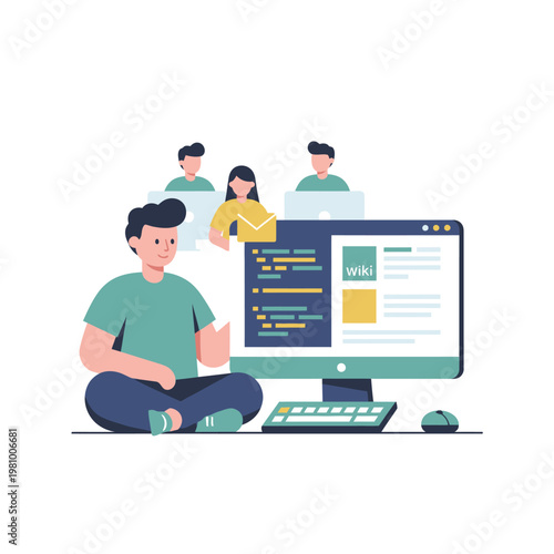 Young coder sitting cross legged at computer coding screen illustration.