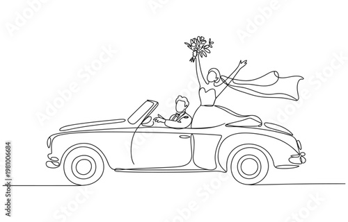Newlywed couple in a convertible car bride holding a bouquet just married line art vehicle owner convertible celebration happiness transportation illustration minimalist silhouette