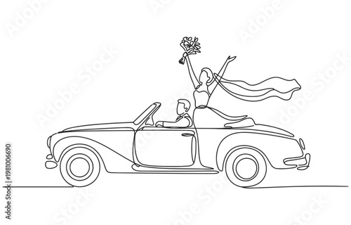 Newlywed couple in a convertible car bride holding a bouquet just married line art vehicle owner convertible celebration happiness transportation illustration minimalist silhouette