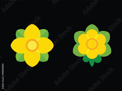 Two yellow flowers with green leaves on a solid color background  simple floral design elements
