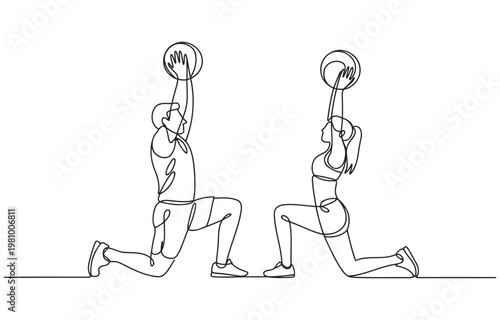 Man and woman performing lunges with medicine balls overhead strength training exercise equipment medicine ball exercise training strength activity healthcare wellness lifestyle recreation