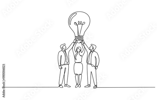 Team holding up a bright idea light bulb continuous line drawing single line flat design teamwork collaboration innovation creativity business together lightbulb illumination solution