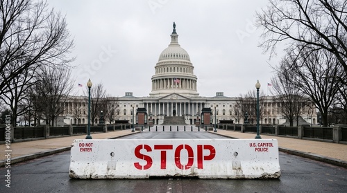 Stop security barrier near Capitol Hill. Government shutdown tension in Washington DC. Restricted access control near Capitol. Political budget stalemate in Congress.