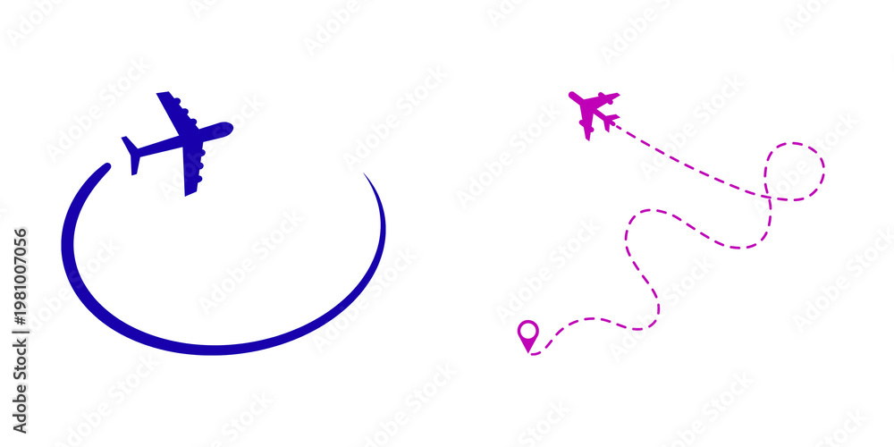 Fototapeta premium Airplane travel route icons, isolated on transparent background