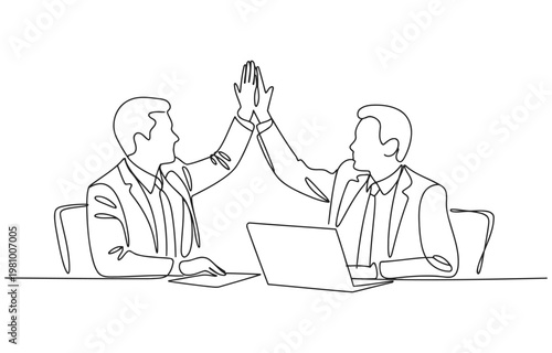 Line art vector illustration of two men in suits high fiving in front of a laptop at a table with high five business teamwork collaboration agreement illustration partnership celebration