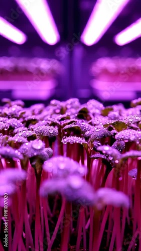 Close-Up of Young Sprouts Growing Under Purple Led Lights in a Hydroponic Farm
