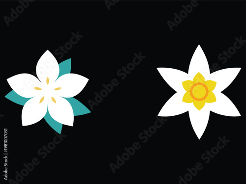 White flowers with yellow centers and green leaves on dark background  simple floral design elements