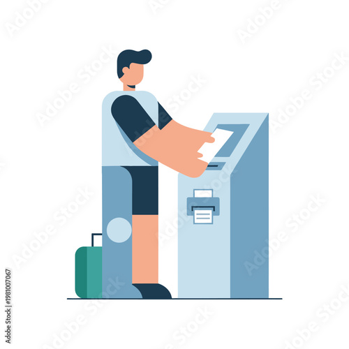 Man using ATM machine for cash withdrawal at kiosk.