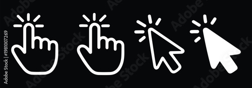Pointer click hand icon set for web and mobile interfaces, user experience design and digital interaction symbols.