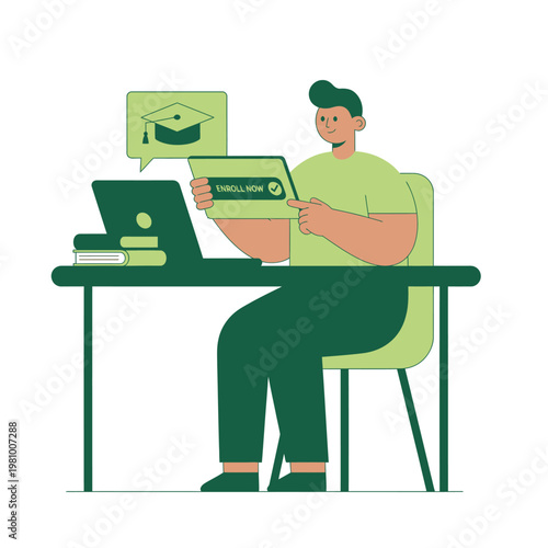 Man Using Laptop and Holding Credit Card At Desk For Online Purchase.