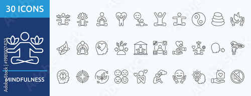mindfulness
  - Icon Collection. Thin outline Set contains such Icons as meditation, relaxation, wellness, clam, yoga
 and more. Simple web icons set
