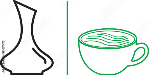 Minimalist vector illustration of a wine decanter and coffee cup for cafe or restaurant menu design