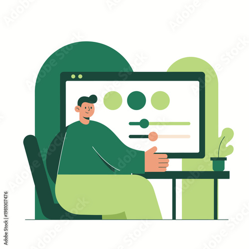 Person at desk presenting charts on computer monitor.