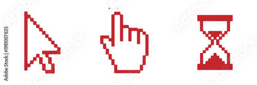 Click hand cursor icon set, various pointing hands and tapping gestures, user interface symbols, touchscreen interaction icons, flat design style, essential elements for mobile and web applications