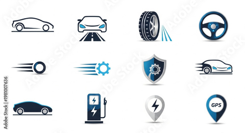 Collection of automotive and transportation icons and symbols.