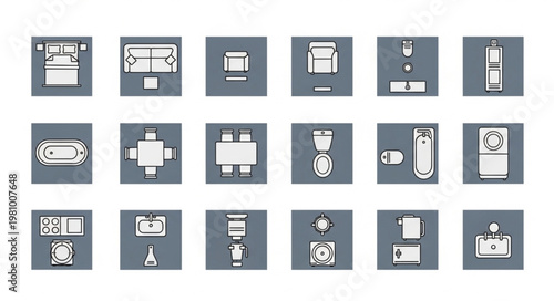 Collection of modern furniture and home decor icons in a grid layout.