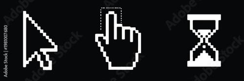Click hand cursor icon set, various pointing hands and tapping gestures, user interface symbols, touchscreen interaction icons, flat design style, essential elements for mobile and web applications