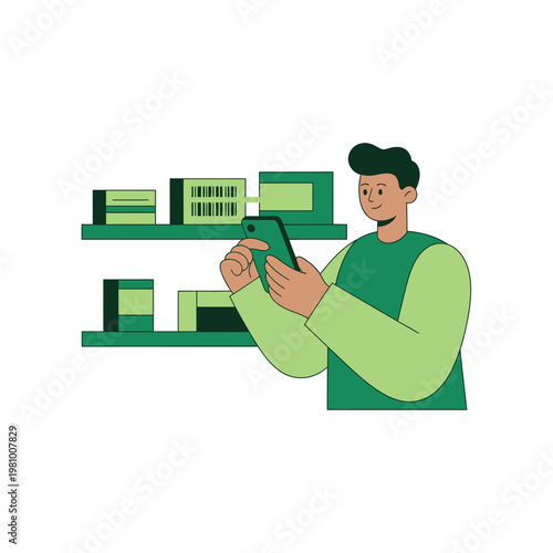 Man Using Mobile Device While Shopping for Electronics.